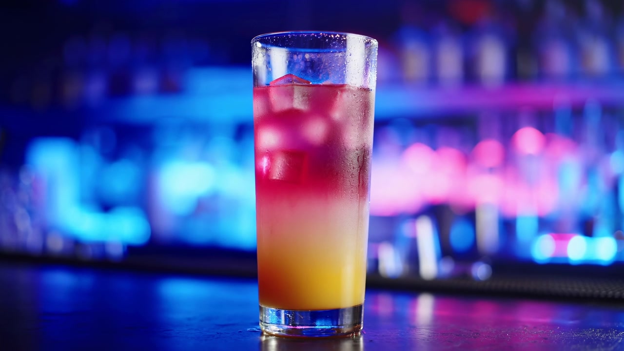 Primo piano di un cocktail highball bicolore ghiacciato con ghiaccio e condensa su un bancone da bar riflettente, con bokeh al neon sullo sfondo.
