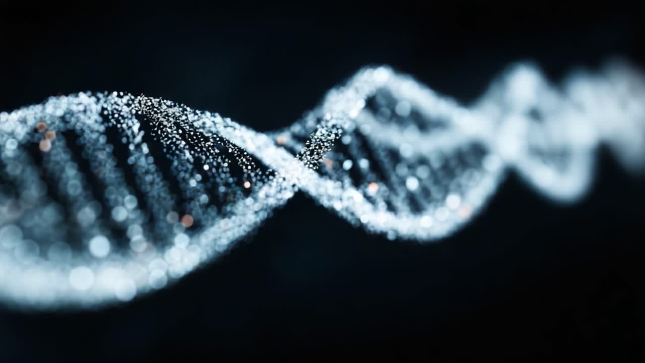 Una visualizzazione straordinaria di una doppia elica di DNA che rappresenta la complessa struttura dell'informazione genetica in un ambiente scuro ed etereo con particelle luminose.