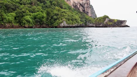 tour boat travels past lush, rocky coastline