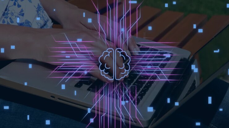 Animation of circuit board with data processing over caucasian woman using laptop
