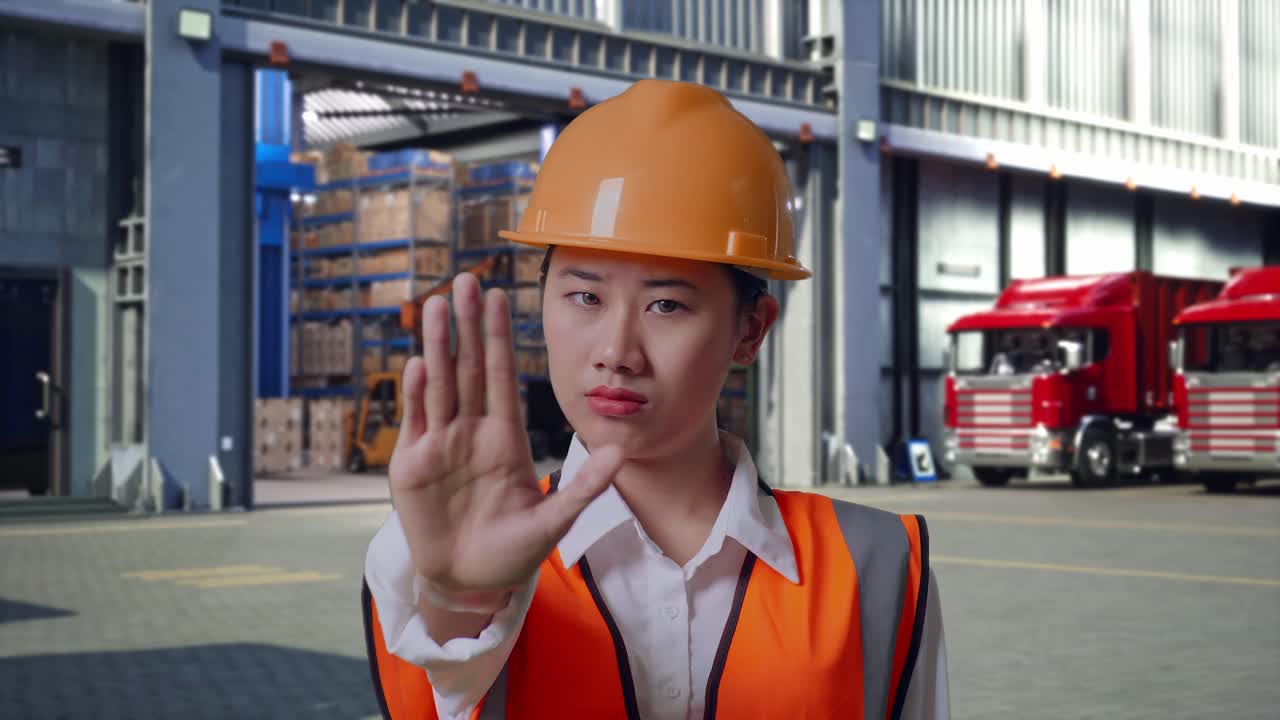 Close Up Of Asian Female Engineer With Safety Helmet Disapproving With No Hand Sign, Outside of Logistics Distributions Warehouse