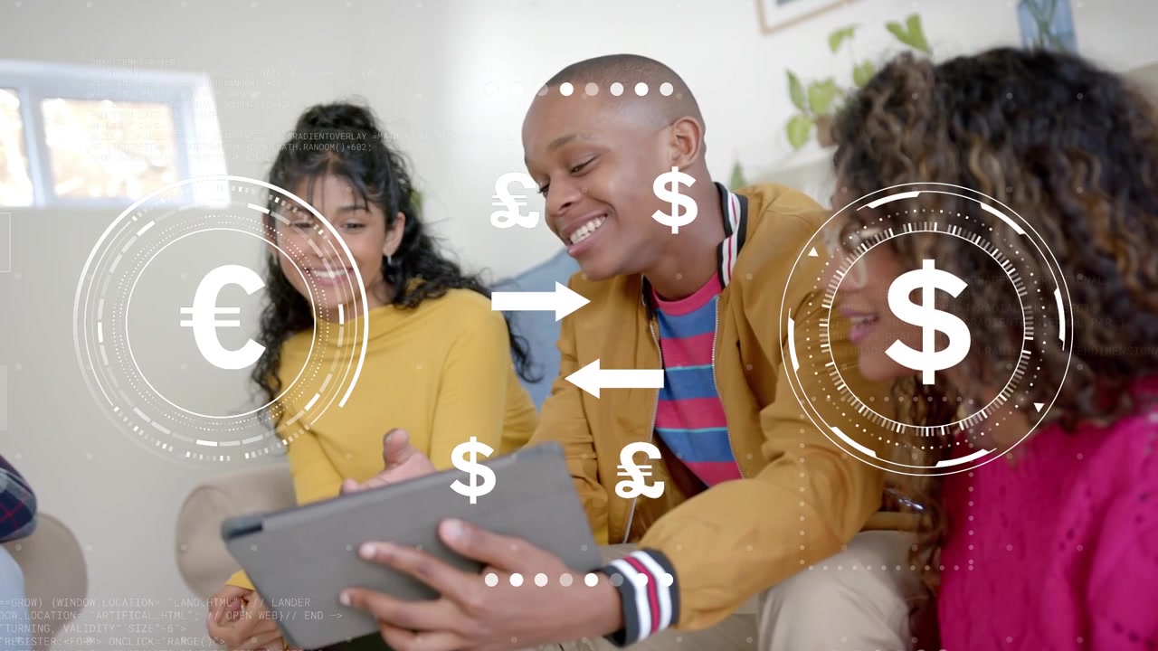 Man tapping tablet, guiding two women while arrows and currency icons showing finance rates smiling