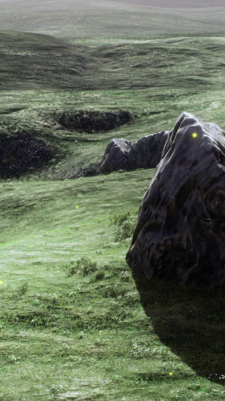 Vast green landscape with rugged stones under gentle sunlight at twilight