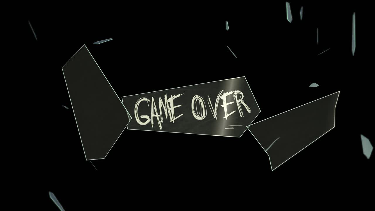 텍스트: 게임 오버 - 폭발 후 유리 조각이 우리 쪽으로 날아갑니다 - 모션 디자인 - 포함: 텍스트 없는 버전 및 추적 매트 - 4k