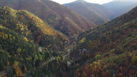 Imágenes-Aéreas-Sobre-El-Bosque-Montañoso-De-Los-Pirineos-En-Otoño-En-El-Norte-De-España-Durante-La-Hermosa-Puesta-De-Sol