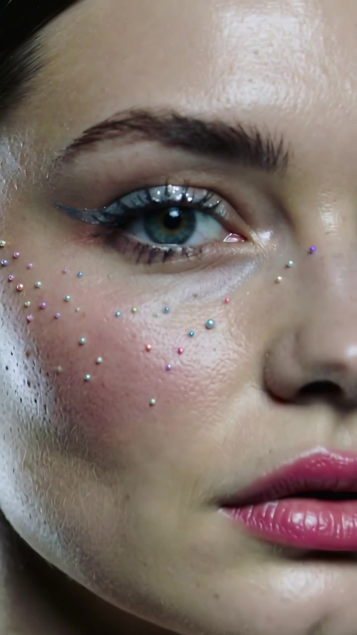 Vertical video: Pulling back cam right eye blinking showing silver liner pearls studio, copy space