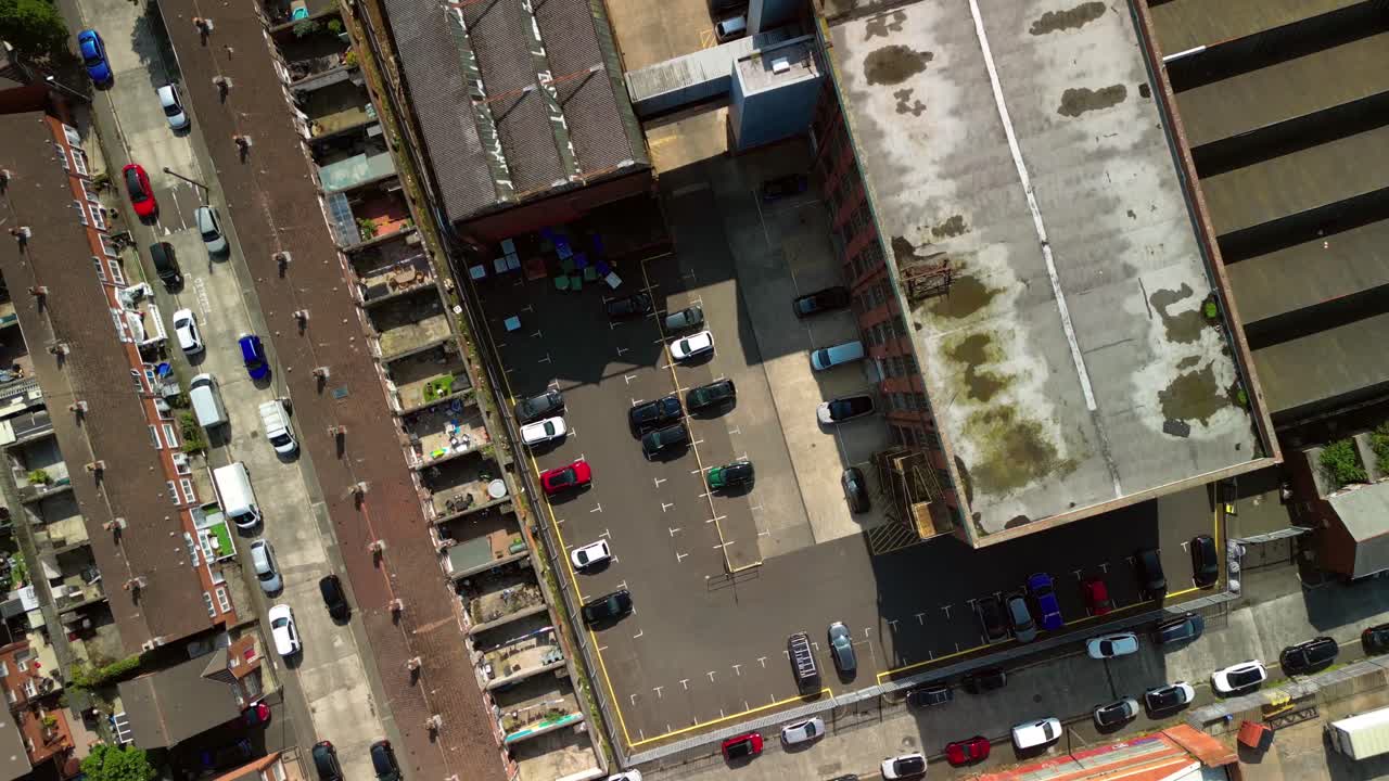 Overhead aerial GV of Portview Trade Centre in Belfast, Northern Ireland, UK on a bright and sunny day. Produced in 4K, 60FPS and with Rec709 color