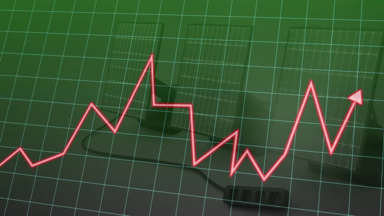 animación de gráfico de línea roja ascendente sobre paneles solares y fondo de cuadrícula verde