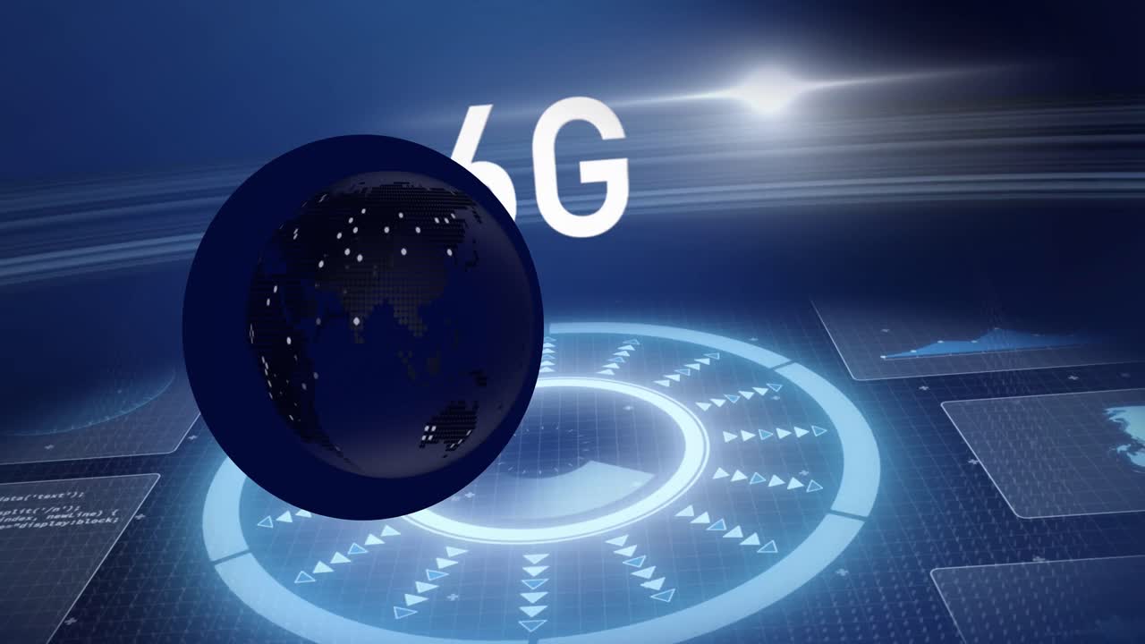 animación del globo sobre el procesamiento de datos con escaneo de alcance en fondo negro.