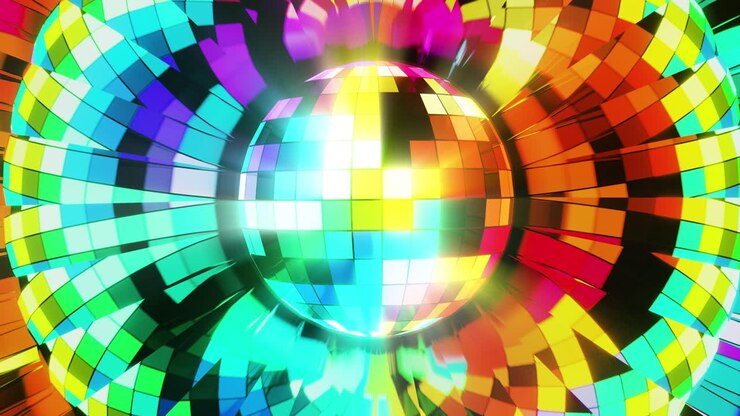 Bola de discoteca em um fundo multicolorido brilhante. Animação em loop infinito