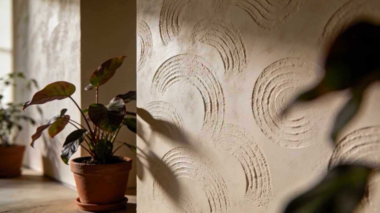 Câmera em movimento mostrando parede de gesso texturizada no canto, vaso de terracota com planta projetando sombras
