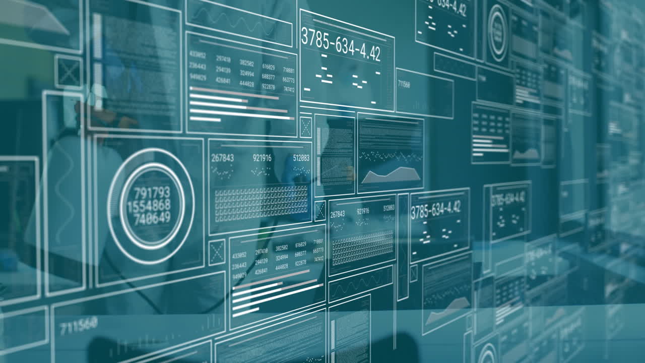 Translucent corporate data panels displaying line graphs bar charts scatter plots gauge indicators