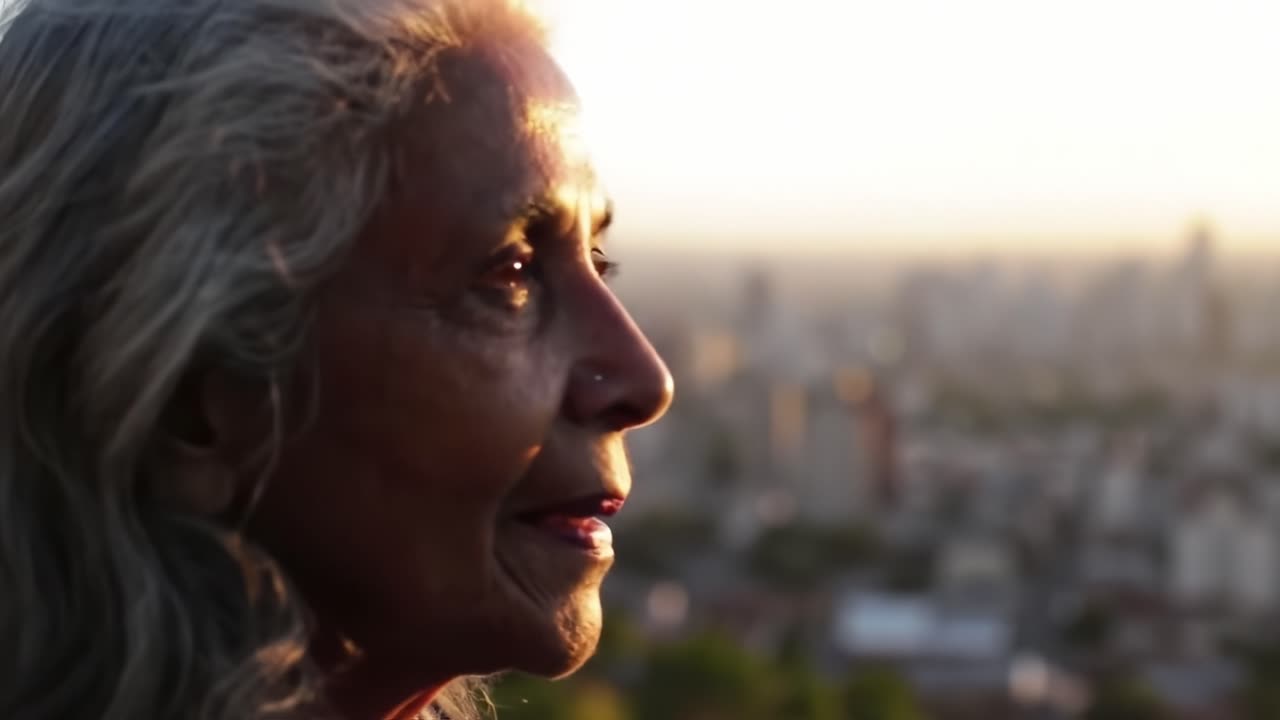 A Thoughtful Reflection: An Elderly Woman Gazes Out Over A Sunset Cityscape, Capturing The Essence Of Life's Journey And The Beauty Of Aging Gracefully