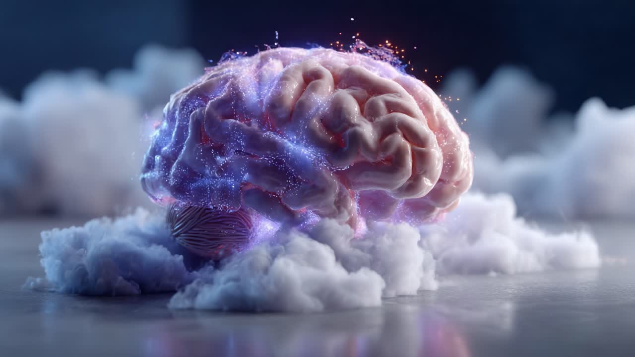 A Stunning Visual Representation of a Brain Surrounded by Ethereal Clouds, Merging Science and Art to Explore the Mysteries of Human Thought and Creativity