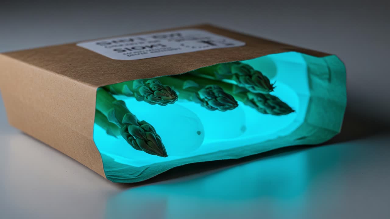 Aesthetic Presentation of Fresh Asparagus Packaged Under Unique Lighting: Bright Cyan Glow with Natural Green Vegetables in Creative Container