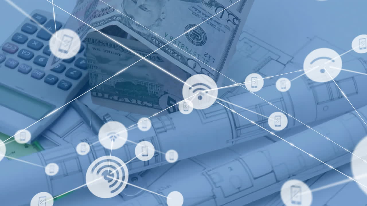 Network of connections and data processing animation over blueprints and money