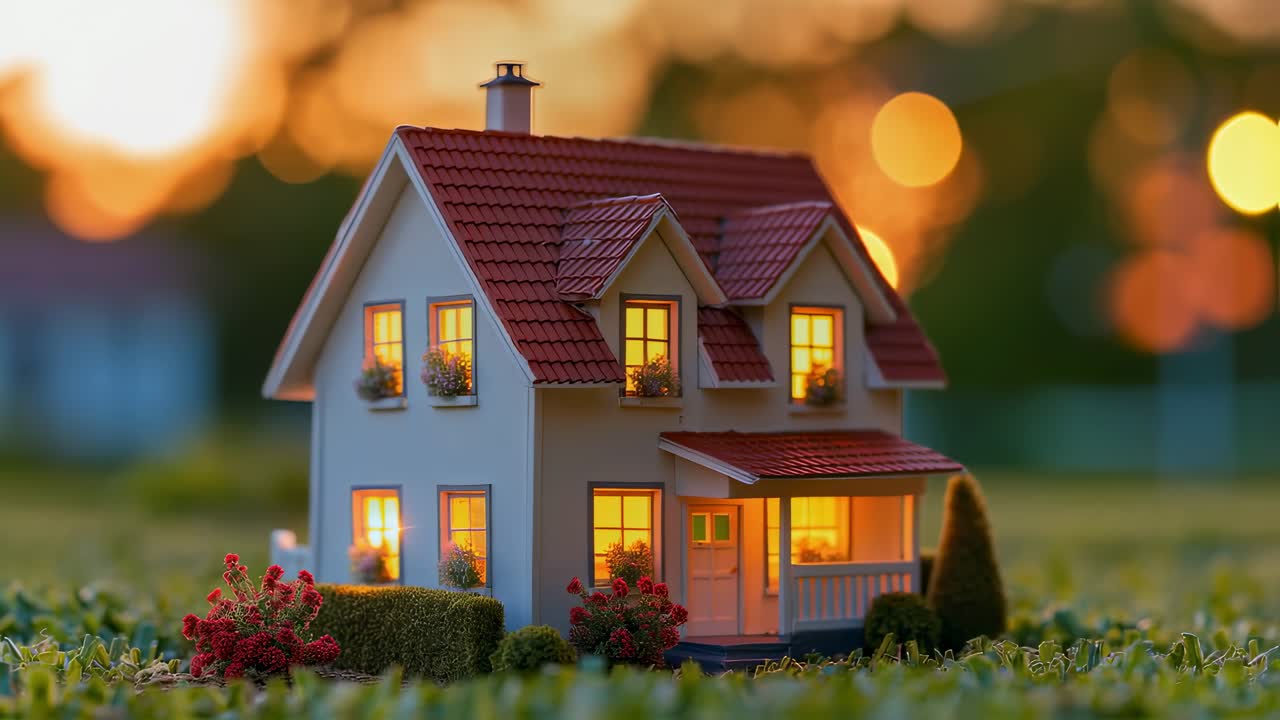 Warm lights glow inside a charming model house nestled in a vibrant green garden, creating a cozy and inviting atmosphere against a backdrop of a beautiful sunset