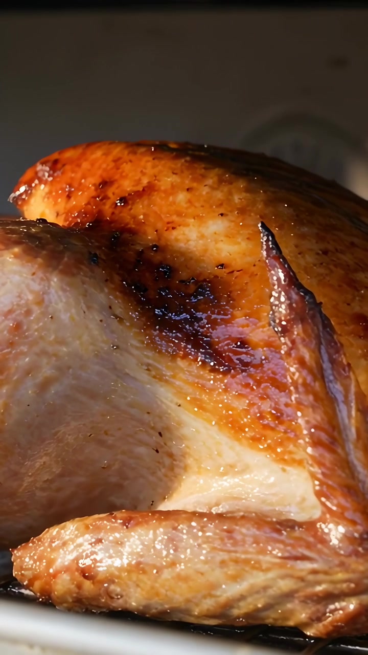 Video verticale: Telecamera che si inclina rivelando pollo arrosto su griglia metallica nel forno, che mostra la pelle lucida.