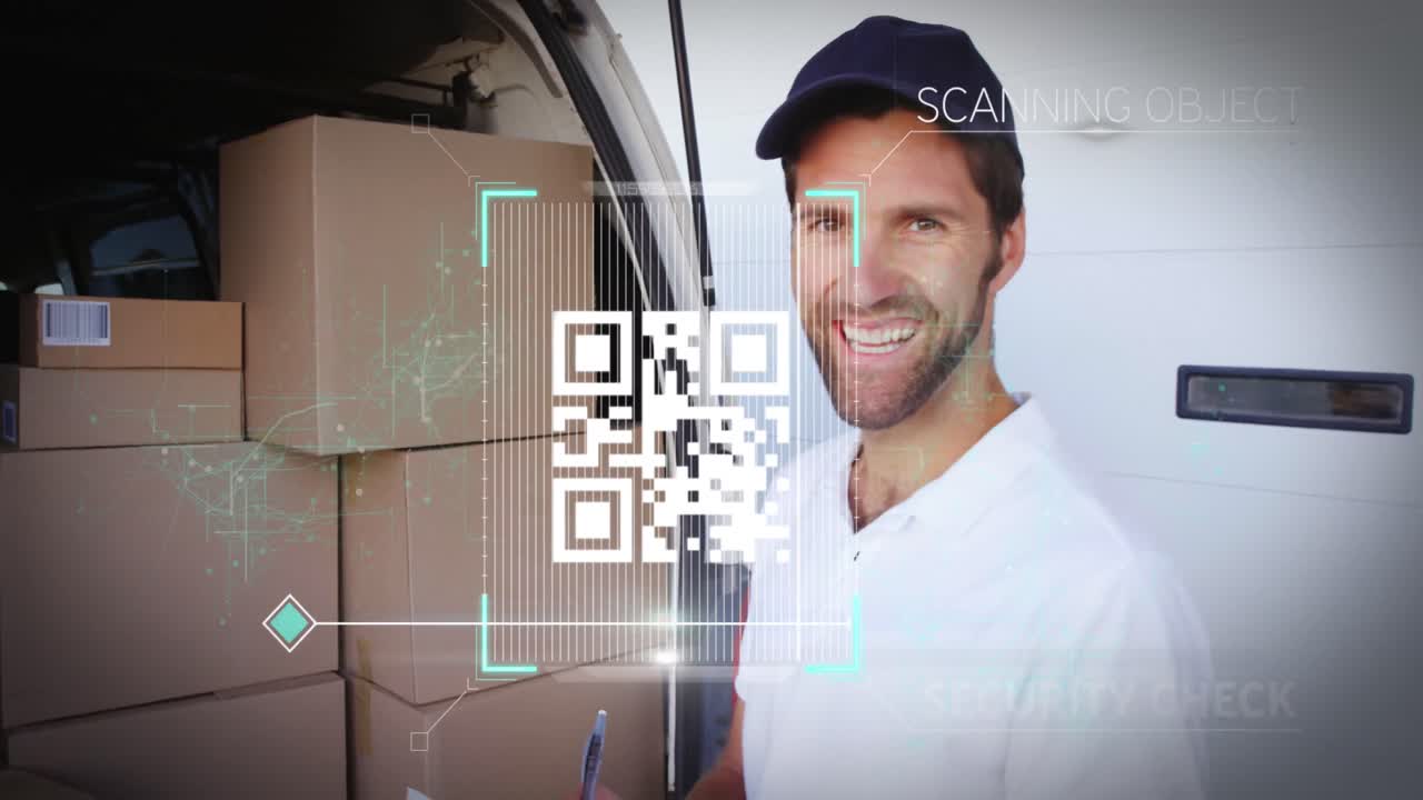 escáner de código qr y procesamiento de datos contra el repartidor masculino tomando notas