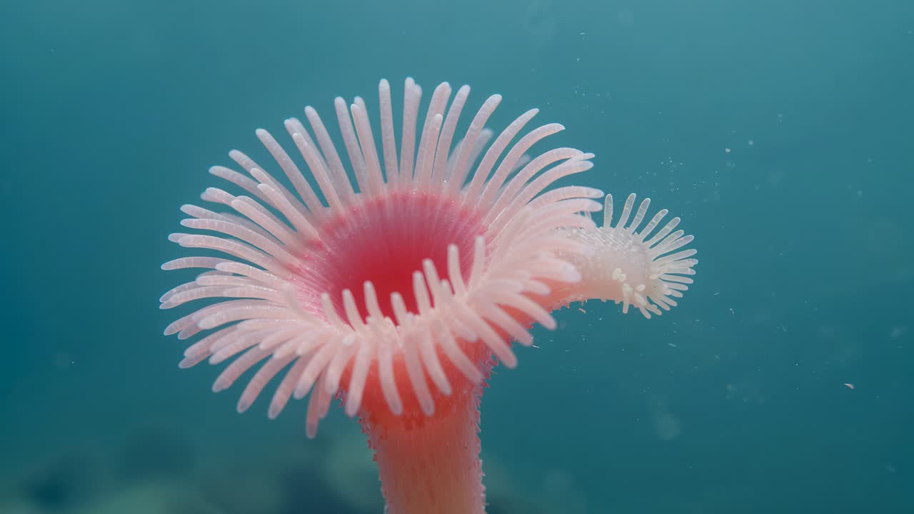 Pulsing pink polyp exhibiting slow tentacle sweeping amid current on reef, with right bud unfurling