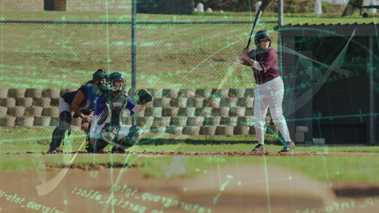Baseball players in action with data processing animation over scene