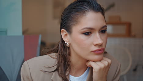 elegant freelancer resting cafe looking camera confidently closeup portrait