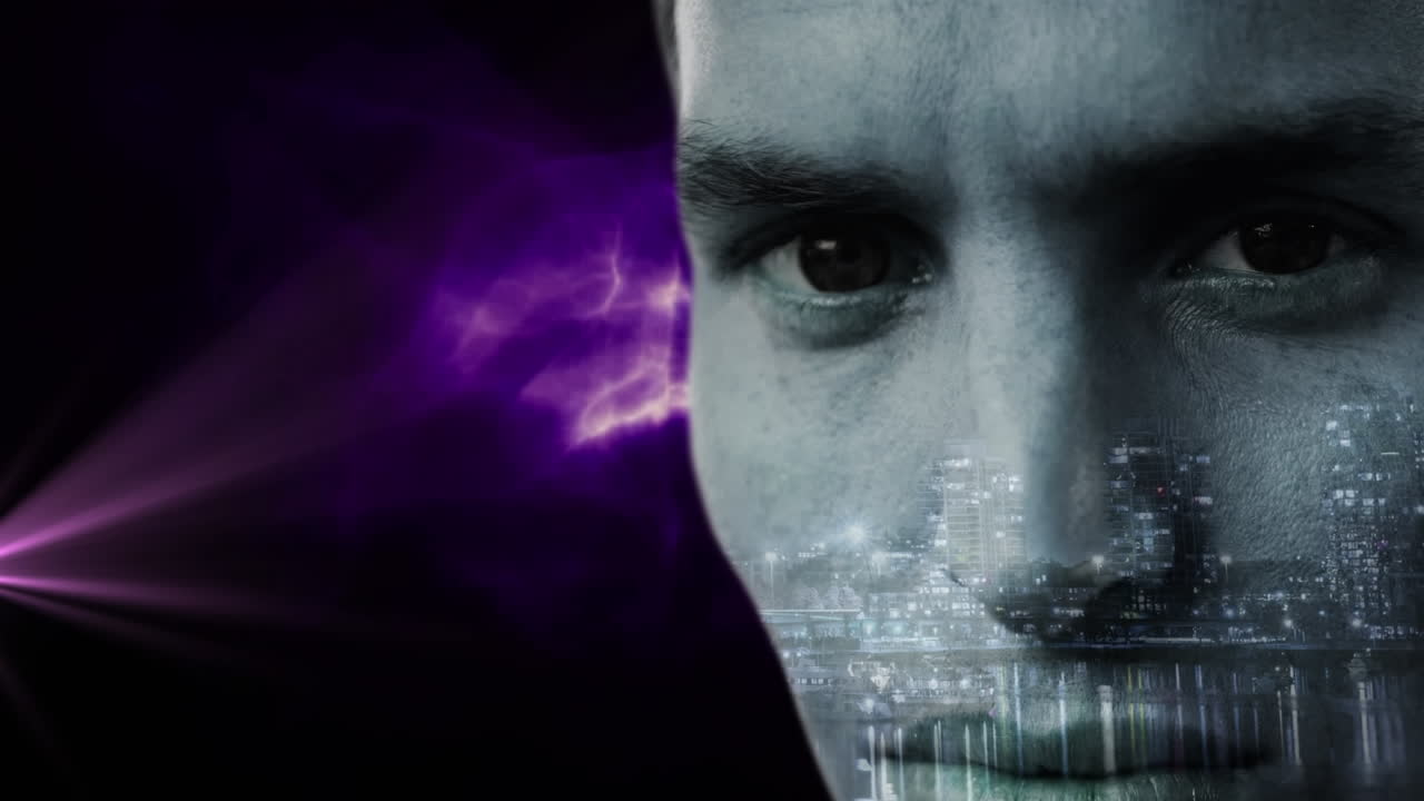 анимация световых троп и городского пейзажа над кавказским человеком