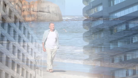 video compuesto de edificios altos contra un hombre mayor caucásico caminando por la playa