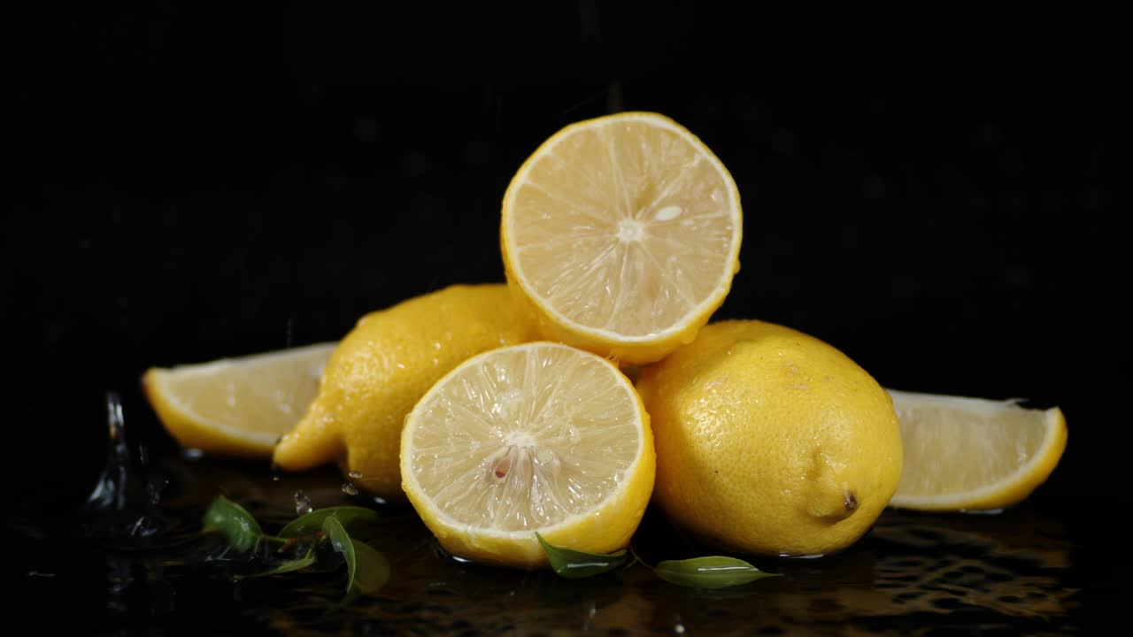 Drops of water falling on ripe lemons with leaves.