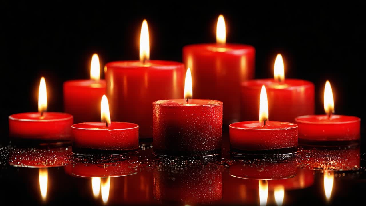Una serena composizione di candele rosse luminose che tremolano contro uno sfondo scuro, proiettando riflessi e creando un'atmosfera calda e invitante perfetta per il relax e la tranquillità