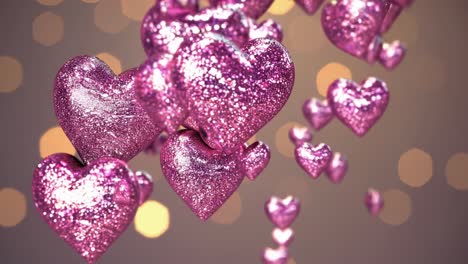 Many shiny pink hearts are falling on a warm background with bokeh effect, creating a romantic and festive atmosphere, perfect for Valentine's Day or other love related celebrations