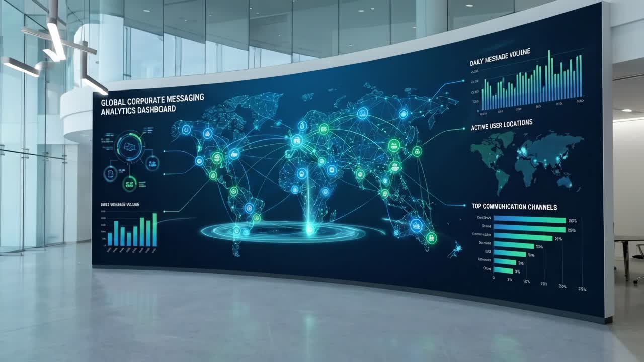 Animated Global Analytics Dashboard on Large Curved Screen in Modern Office