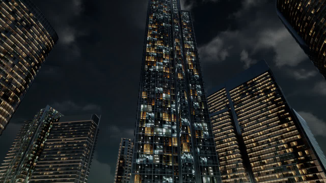 edificios de oficinas de rascacielos de vidrio con cielo oscuro