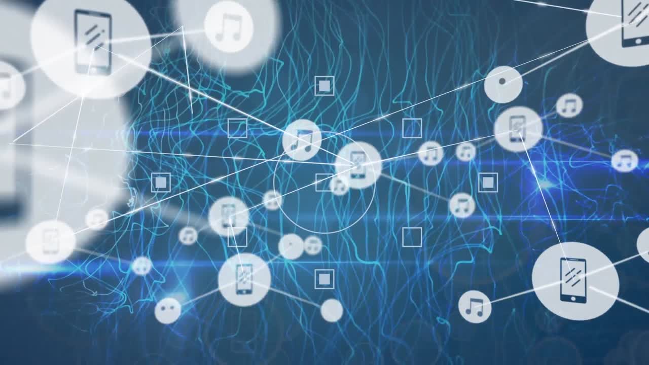 블루 배경에 에너지 흐름을 통해 미디어 장치 아이콘의 네트워크의 애니메이션