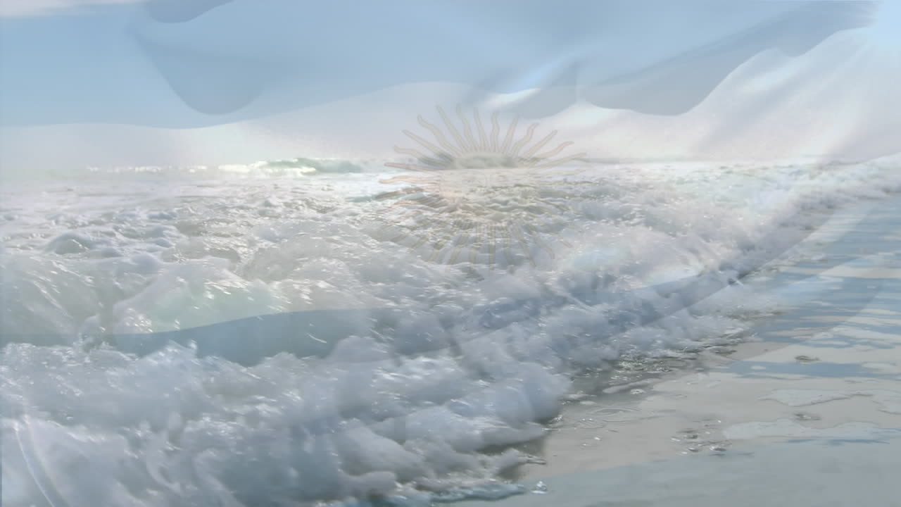 아르헨티나의  ⁇ 발이 바다의 파도 위에서 날아다니는 애니메이션