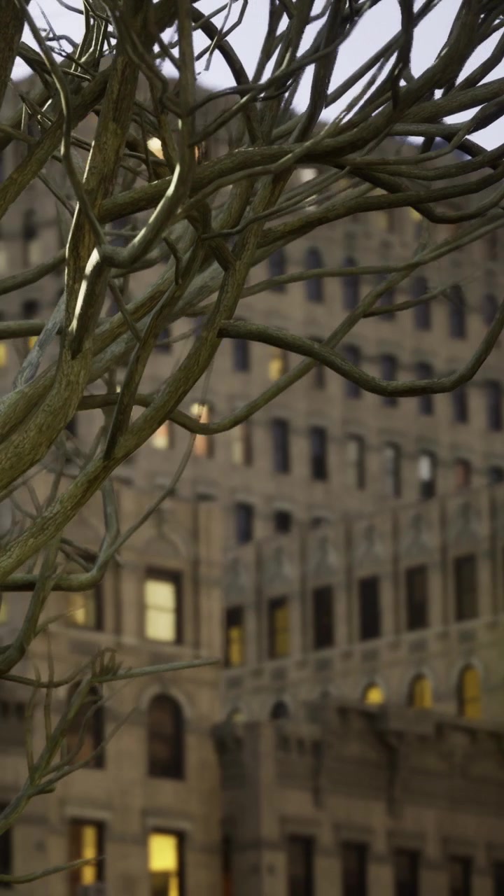 Edificio e rami di alberi in una città di sera