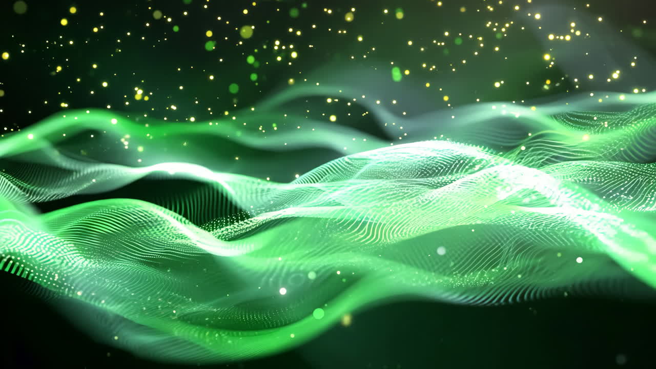 A green wave with a lot of sparkles. The wave is very long and it looks like it is moving