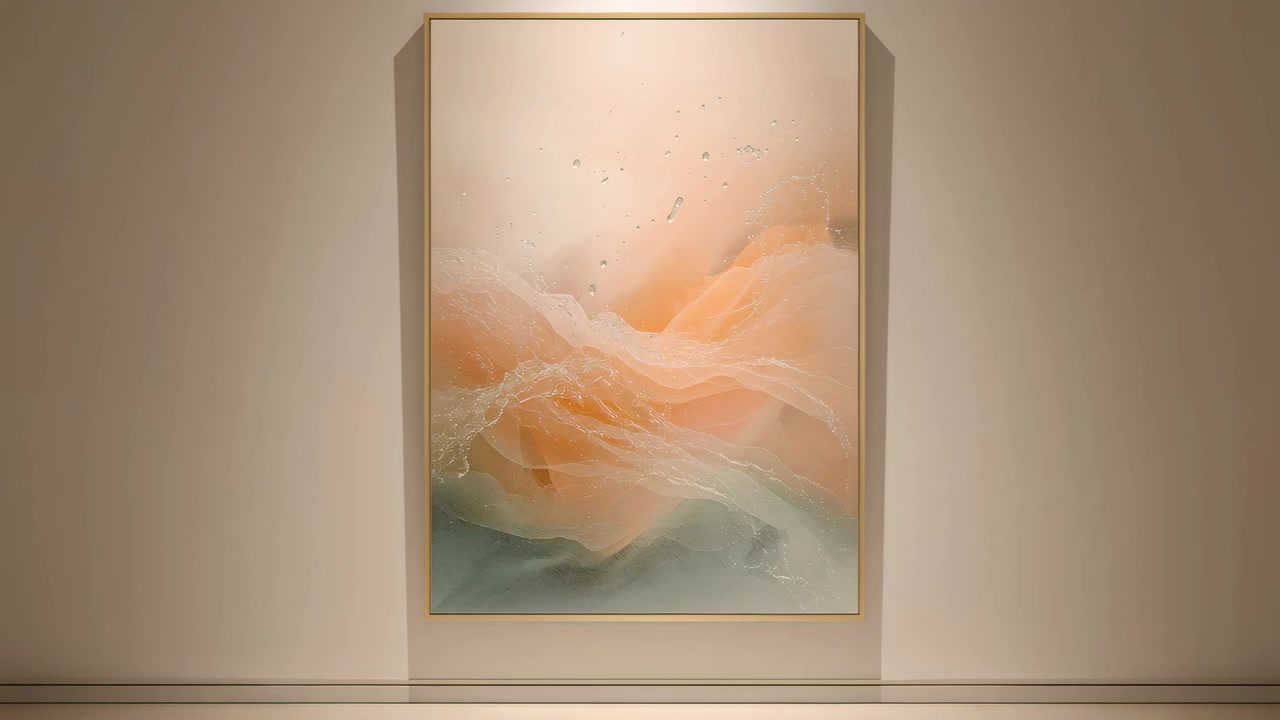 Dipinto incorniciato che rivela goccioline lucide, con cornici che risaltano sotto il riflettore della parete della galleria.