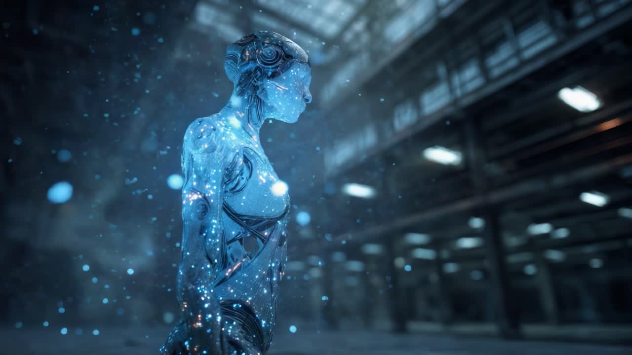 A futuristic depiction of a humanoid robot in a dimly lit industrial environment, showcasing intricate details and a shimmering, data-like texture that emphasizes its technological nature