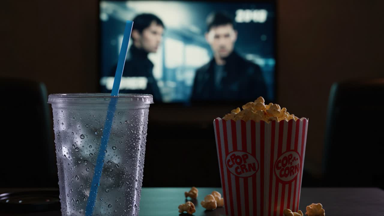 Enjoy the Perfect Movie Night Snack Setup with Popcorn, a Refreshing Drink, and Action-Packed Cinematic Thrills Playing on Screen