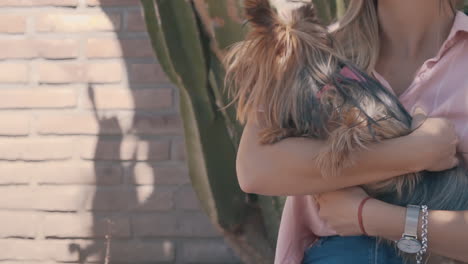 Young-Woman-Petting-Her-Little-Dog-In-The-Garden-1