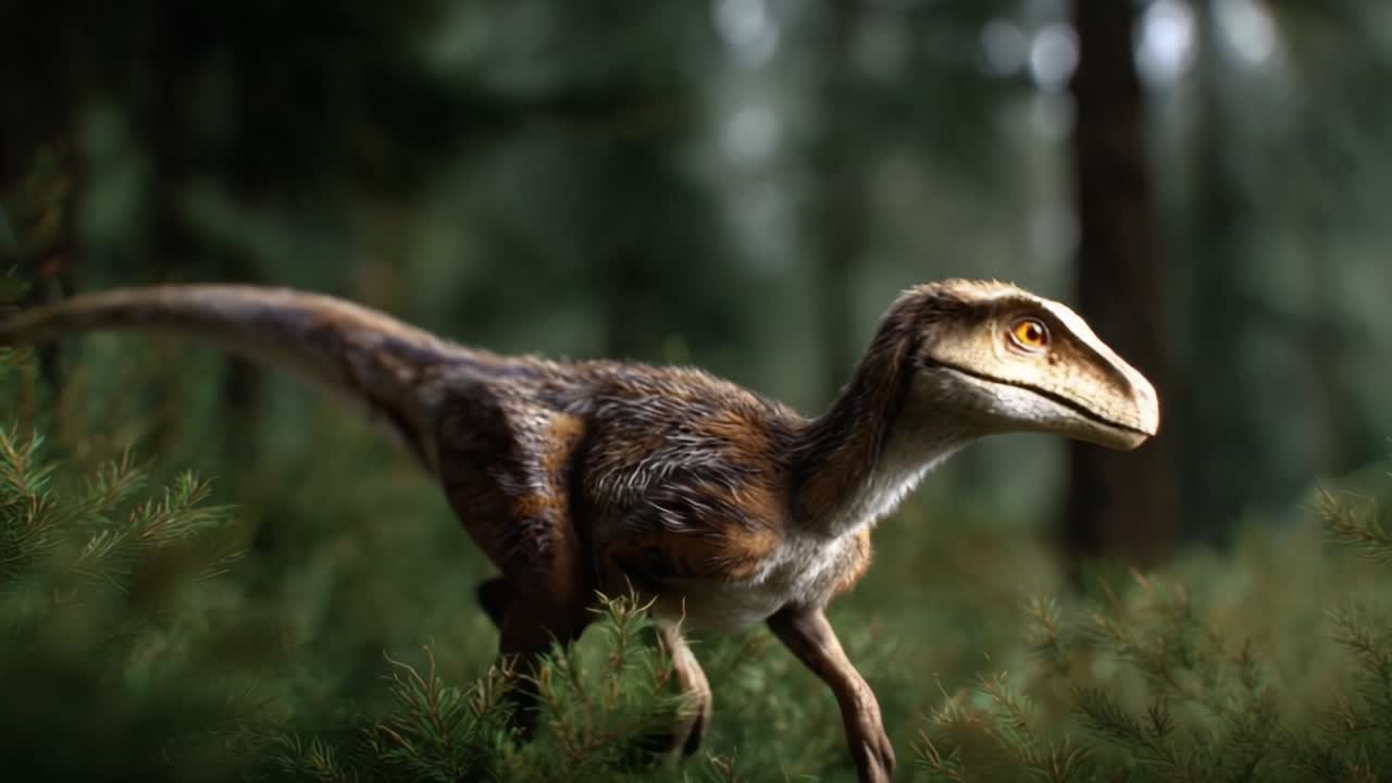 Una rappresentazione realistica di un dinosauro che vaga in un lussureggiante ambiente forestale, mostrando i suoi dettagli mozzafiato e il suo habitat naturale.