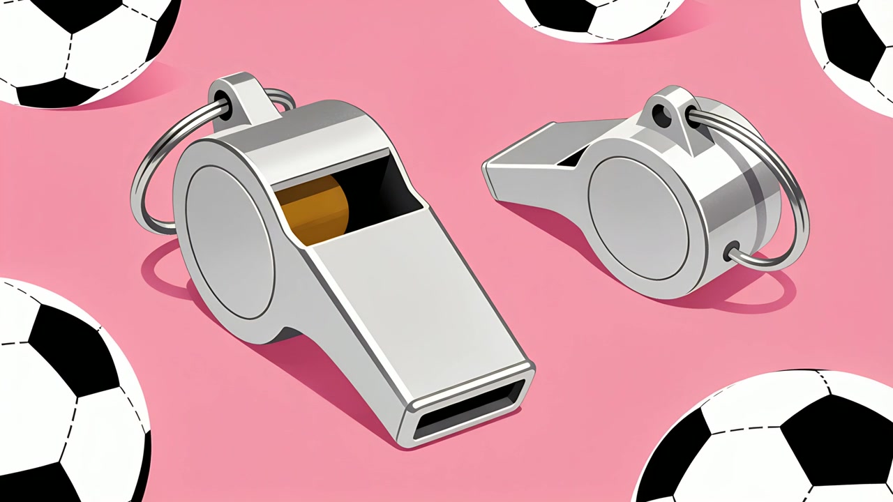 Recording camera capturing metal whistles on pink backdrop with soccer ball pattern for promo