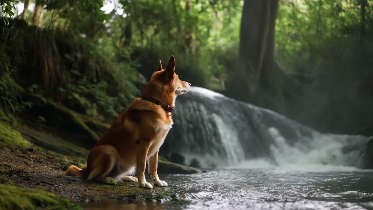 Cane con collare rimane seduto sul bordo dell'acqua e guarda a destra mentre l'acqua bianca scorre costantemente attraverso un bosco ombreggiato, con terreno coperto di muschio e luce filtrata intorno al ruscello