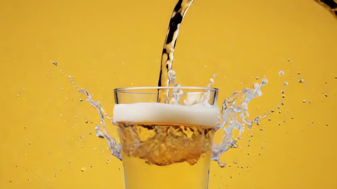 Beer Pouring into a Glass with Splashes on a Yellow Background