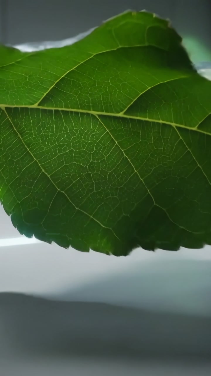 Vertical video: Lifting clear film revealing green leaf on pale bench, camera closing showing veins