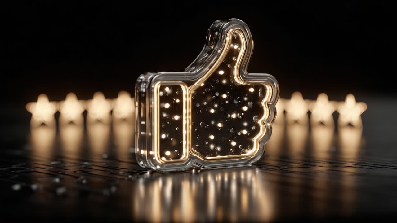 A Glowing Thumbs Up Symbol Shining Brightly Against a Dark Background with Star-Like Lights, Representing Positive Feedback, Approval, and Support in Digital Communication