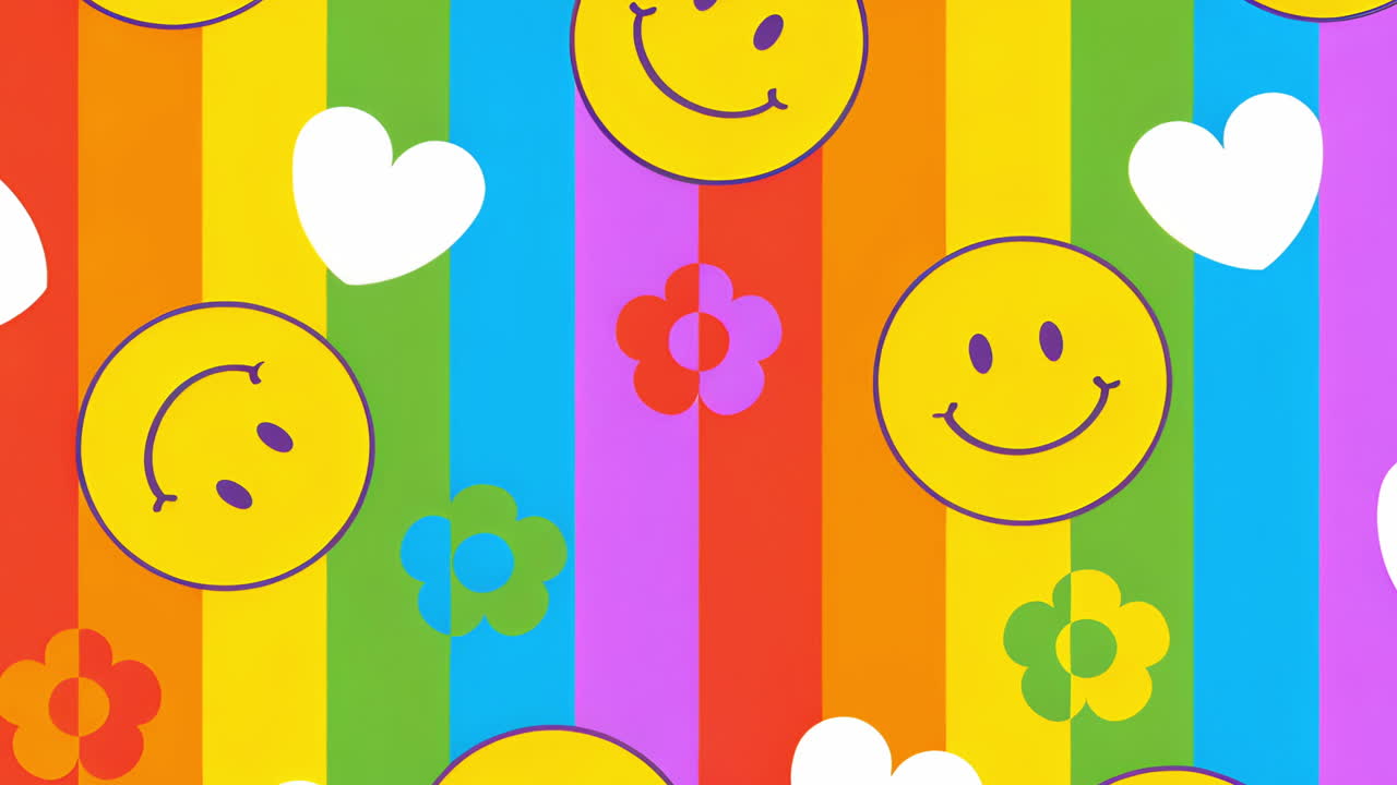 Vibrant Pattern with Smiley Faces, Hearts, and Rainbow Stripes