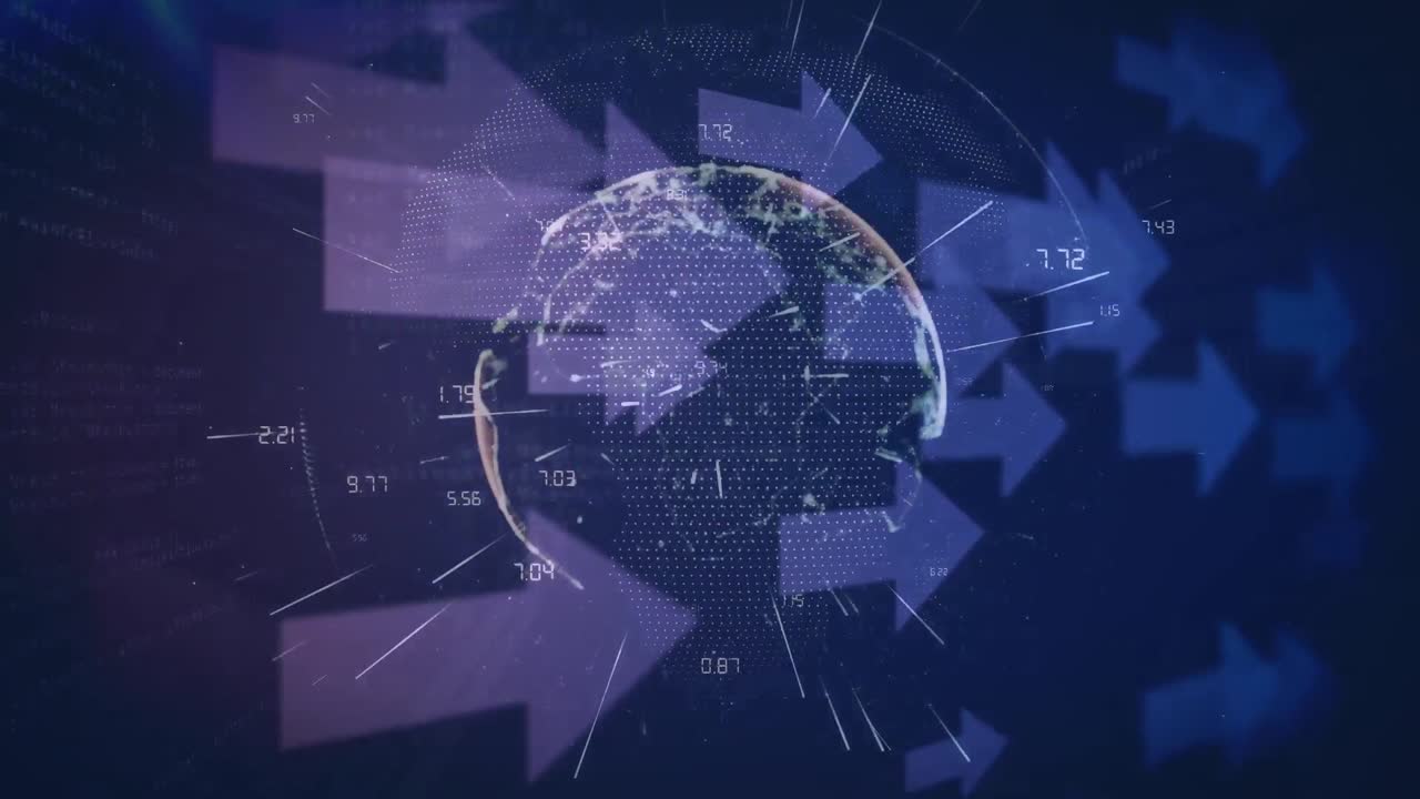 화살표, 숫자 및 보라색 공간에서 회전하는 지구의 애니메이션