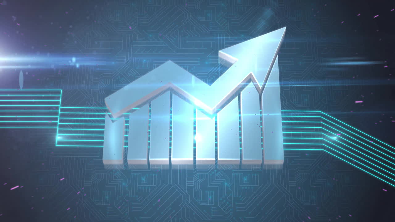 Animation of rising graph arrow over digital circuit board, showing growth concept